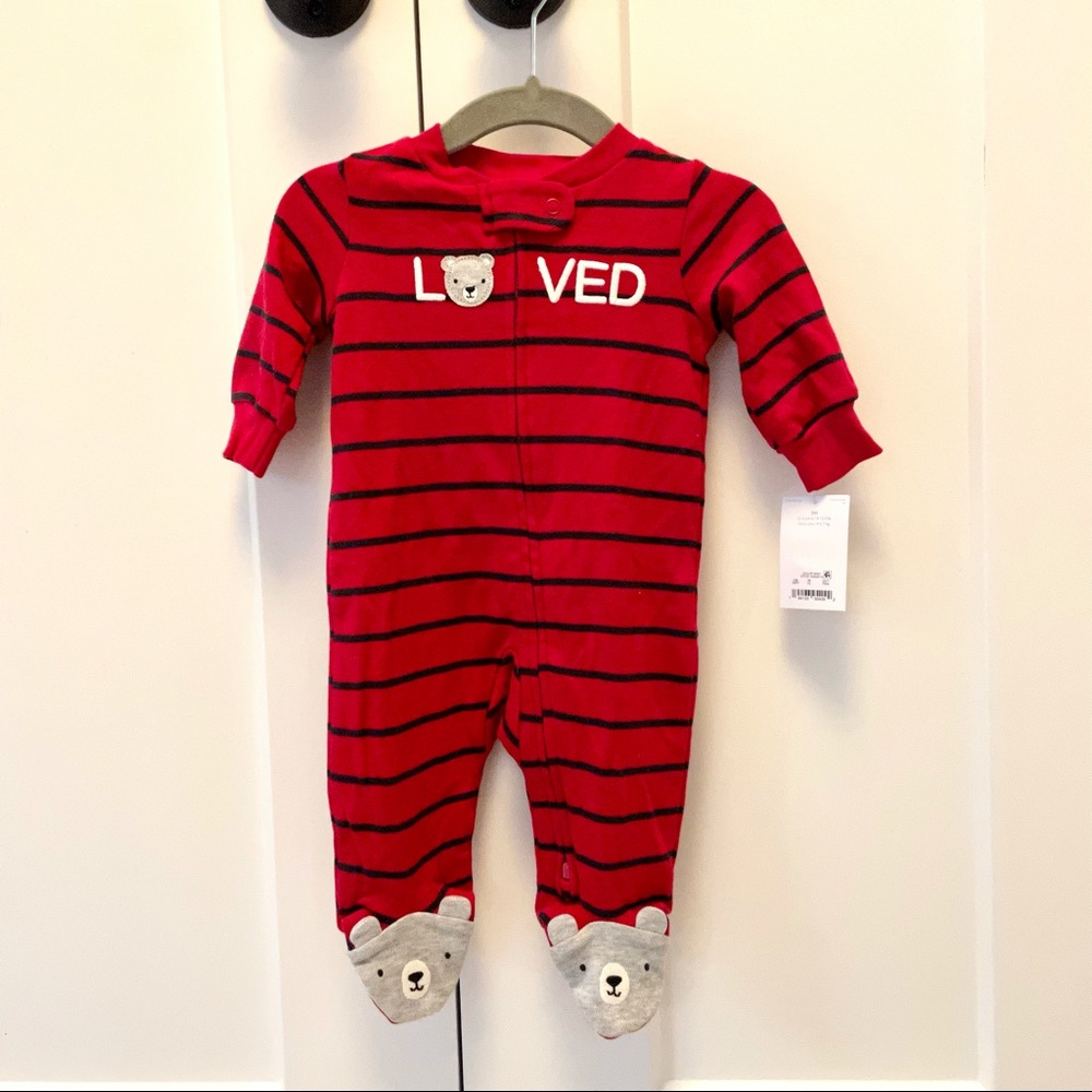 Baby Valentines Day Carter’s “Loved” Red Striped Zipper Sleep N Play NWT